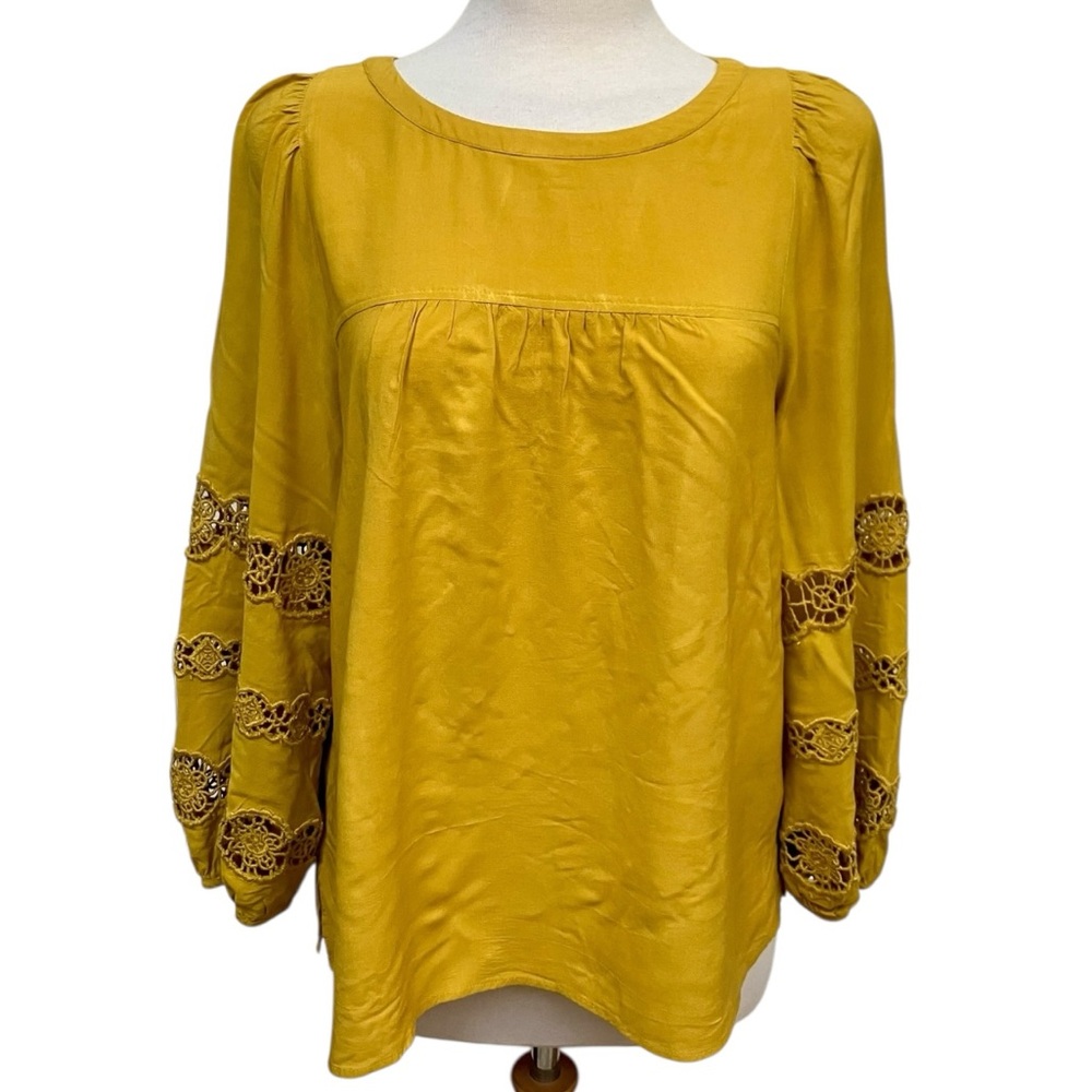 LOFT Mustard Yellow Embroidered Peasant Sleeve Blouse Bohemian Women's Medium
